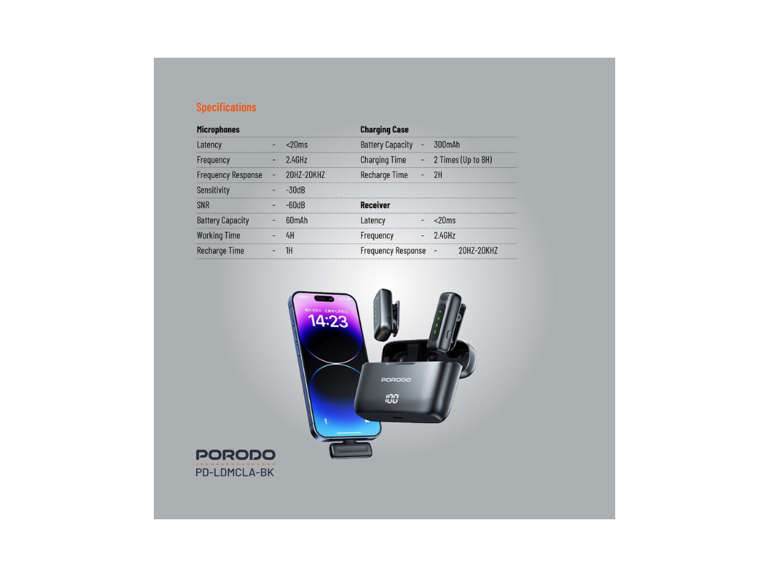 Porodo Lavalier Double Microphone with Charging Case - Black Porodo Lavalier Double Microphone with Charging Case - Black
